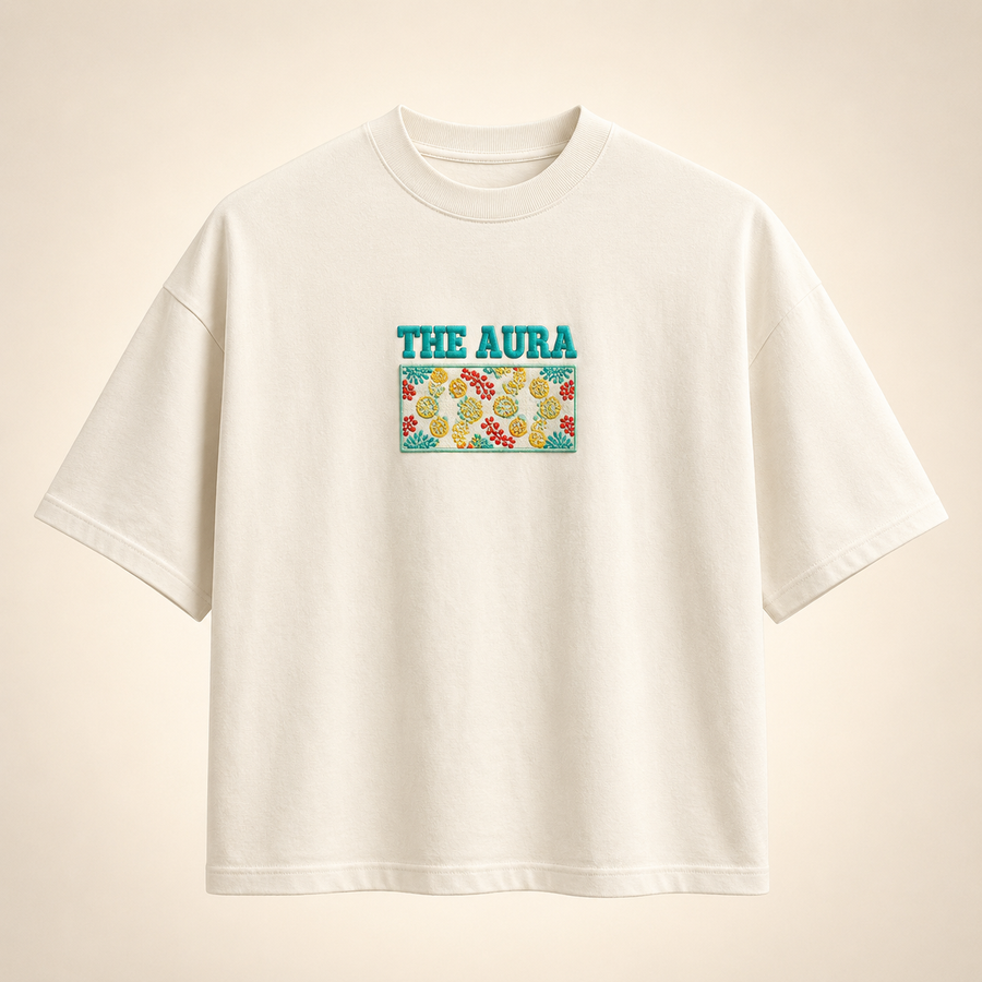 Abyss oversized white T-shirt showing the intended relaxed fit by THE AURA