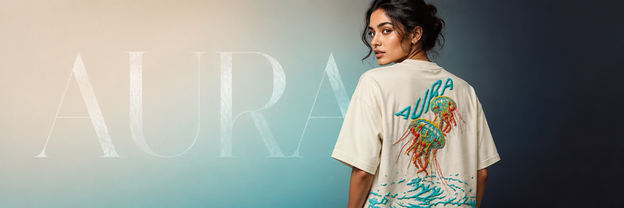 THE AURA Abyss oversized graphic T-shirt styled in the campaign hero image