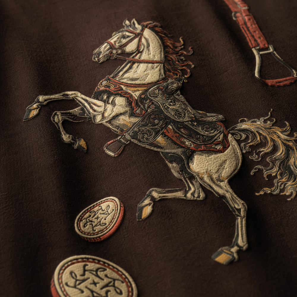 Close-up of the Legacy brown T-shirt artwork and raised print detail by THE AURA