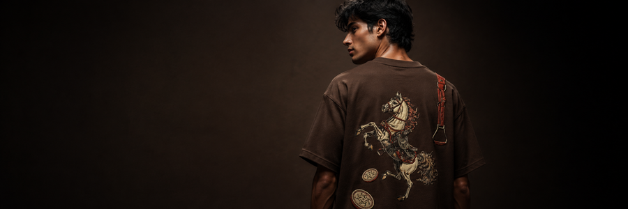 THE AURA Legacy oversized brown T-shirt campaign representing Wear Your Presence